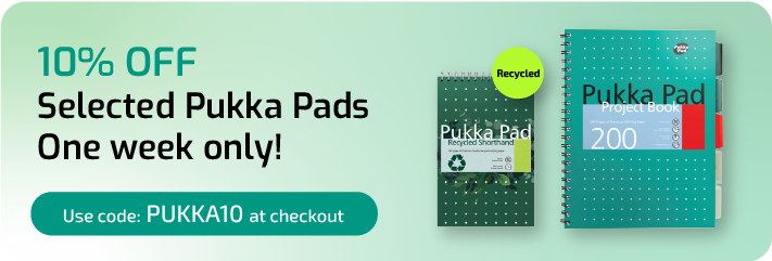 Banner offering a discount on selected Pukka Pads for 1 week only. Images of Pukka refill pads and project books